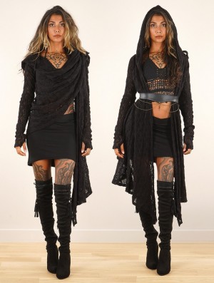 Dámské Kardigan Toonzshop Danaeriz Long Sleeve Hooded Crochet Shawl Cardigan Černé | 1043CGRLM