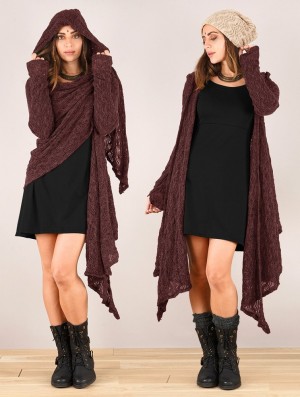Dámské Kardigan Toonzshop Danaeriz Long Sleeve Hooded Crochet Shawl Cardigan Wine | 9236SKBLZ