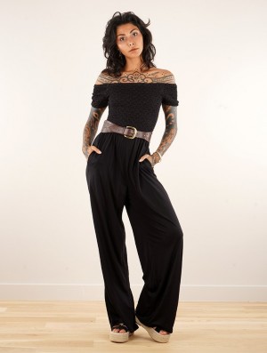 Dámské Kombinéza Toonzshop Aulë Dot Seigaiha Printed Short Sleeve Flare Leg Jumpsuit Černé | 5839UPQSV