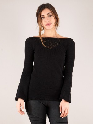 Dámské Svetr Toonzshop Endaria Open Work Boat Neck Knit Sweater Černé | 9254QVWSJ