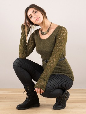 Dámské Svetr Toonzshop Oroshï Crochet Sleeve Sweater Olivy Zelené Zelene | 1250OQHDI