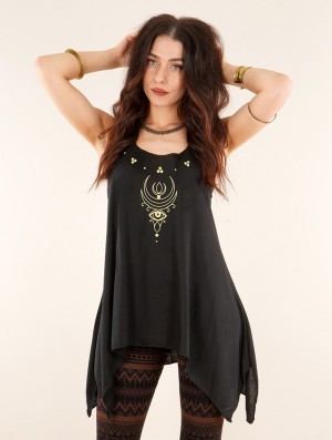 Dámské Topy Toonzshop Alruwhani Printed Knotted Sleeveless Tunic Černé Zlaté | 7138RHPNK