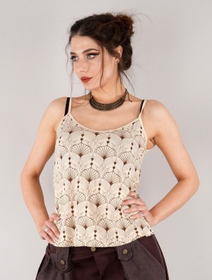 Dámské Topy Toonzshop Ciryandil Peafowl Printed Shoulder Strap Top Béžový | 8653BWEFH