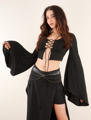 Dámské Topy Toonzshop Elfique Flared Long Sleeve Crop Top With Front Lacing Černé | 2814FAJMT