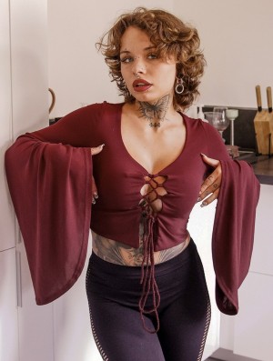 Dámské Topy Toonzshop Elfique Flared Long Sleeve Crop Top With Front Lacing Wine | 3512RCATO