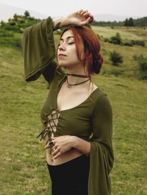 Dámské Topy Toonzshop Elfique Flared Long Sleeve Crop Top With Front Lacing Olivy Zelené Zelene | 5891TCOGK