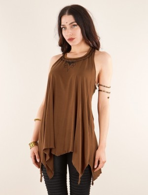 Dámské Topy Toonzshop Lotus Luinil Printed Flared Tank Tunic Caramel | 1367KJFLT