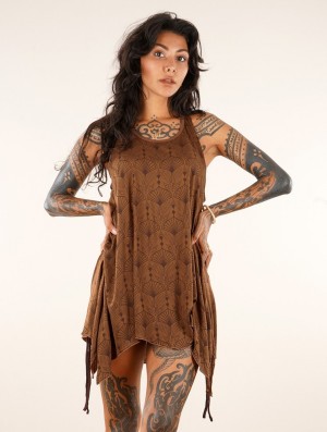 Dámské Topy Toonzshop Luinil Peafowl Printed Flared Tank Tunic Caramel | 9407JUPFI
