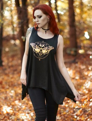 Dámské Topy Toonzshop Nightmoth Printed Knotted Sleeveless Tunic Černé Zlaté | 7520OUXQW
