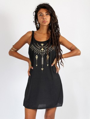 Dámské Šaty Toonzshop Amonet Printed Sleeveless Short Dress Černé Zlaté | 7301WLGFE