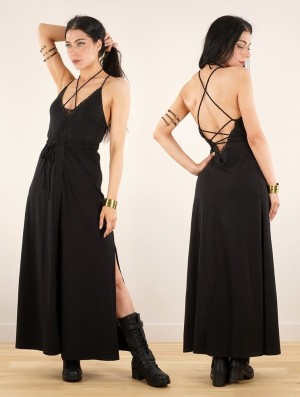 Dámské Šaty Toonzshop Amulette Lace-up Split Long Dress Černé | 8471ZGSAO