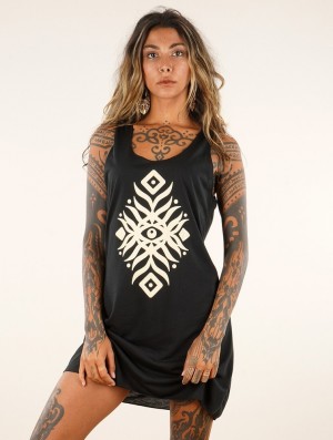 Dámské Šaty Toonzshop Elbana Printed Sleeveless Short Dress Černé Béžový | 2036ODZJR