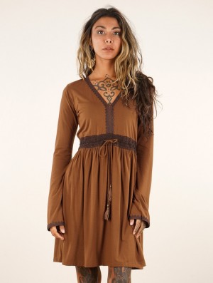 Dámské Šaty Toonzshop Firiel Long Sleeve Dress With Crochet Detail Hnědé | 5280VOSHB
