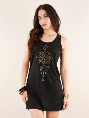 Dámské Šaty Toonzshop Freyja Printed Sleeveless Short Dress Černé Zlaté | 8327TAJGO