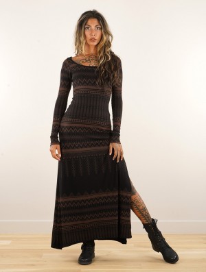Dámské Šaty Toonzshop Inanna Aztec Pinted Long Sleeve Long Dress Dress Černé | 1350XFBKL