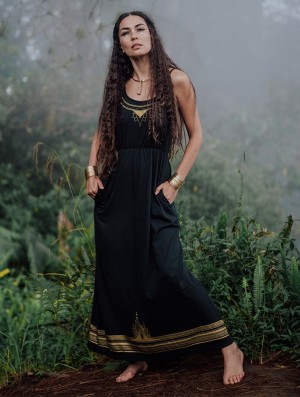 Dámské Šaty Toonzshop Lotus Oromë Printed Strappy Long Dress Černé | 0743FAJBX
