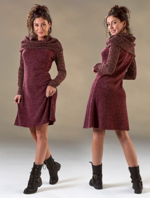 Dámské Šaty Toonzshop Nouchka Crochet Sleeves And Big Collar Skater Sweater Dress Wine | 7893MHKVE