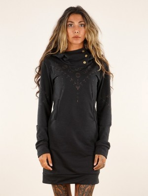 Dámské Šaty Toonzshop Numendil Ornemental Dots Printed High Collar Hoodie Dress Černé | 7246IMNOT