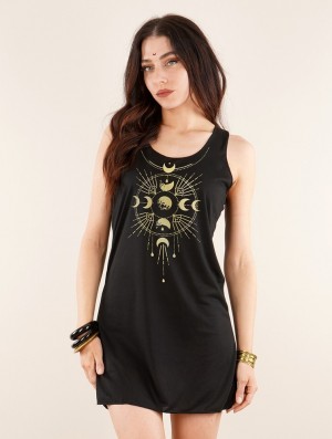 Dámské Šaty Toonzshop Phase Lune Printed Sleeveless Short Dress Černé Zlaté | 7514LTJHE