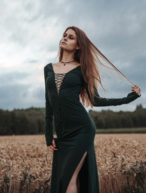 Dámské Šaty Toonzshop Valkyrie Lace-up Split Long Dress Peacock teal | 3654VKXSW