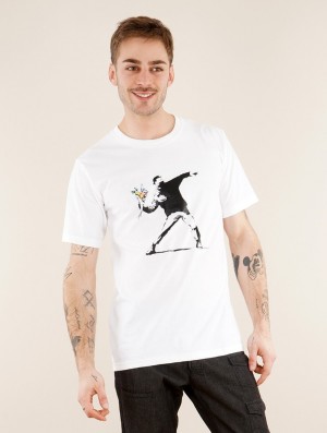 Pánské Tričko Toonzshop Banksy Hooligan Flowers Printed Short Sleeve T-shirt Bílé | 7045LTKDS
