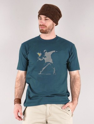 Pánské Tričko Toonzshop Banksy Hooligan Flowers Printed Short Sleeve T-shirt Tmavě Blankyt | 4651NXYVZ